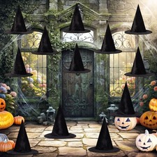 12 Pcs Halloween Witch Hat, Black Hanging Witch Hats with Rope
