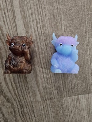   Mini Small Cow Figurines - Brown and Blue/Purple cheeky Farm Animal Decor