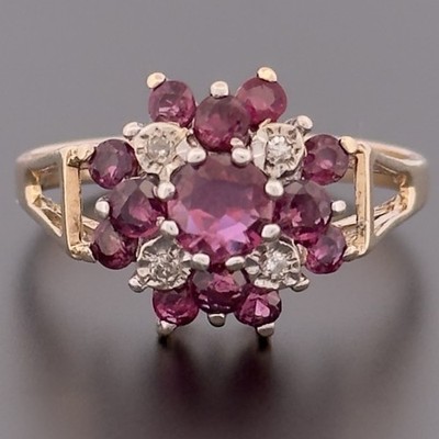 Vintage Cluster-Ring 9 kt Gelbgold Rubin & Diamant Größe R gepunzt