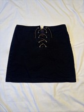 Vintage 90s Y2K Ralph Lauren Women  s Navy Leather Lace Tie Denim Skirt Size 4