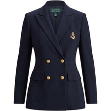 Vtg Lauren Ralph Lauren Double Breasted Crest Logo Wool Navy Blue Blazer Sz 8