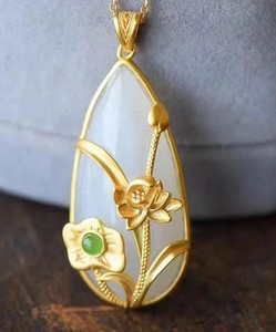 Authentic White Jade Lotus Pendant Ladies Gold Plated 925 Silver Natural Jewelry