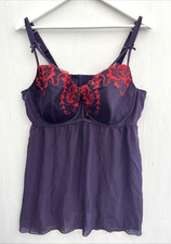 CACIQUE Purple Sheer Babydoll Slip Dress Lingerie Embroidered Underwire Size 44D