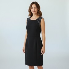 Elie Tahari Black Sleeveless Sheath Dress Leather Trim Square Neck Size 8