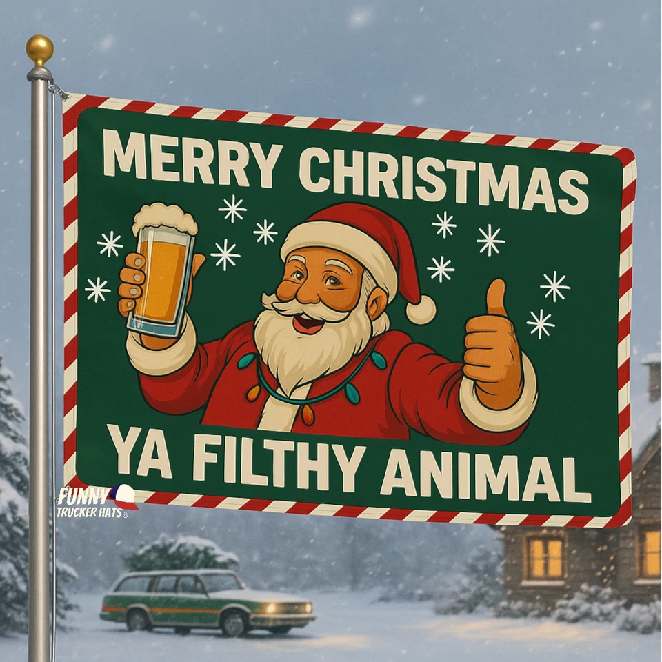 Feliz Navidad Ya Sucio Animal Bandera Divertido Papá Noel Banner Vacaciones Decoración de Pared Foto 4 de 4