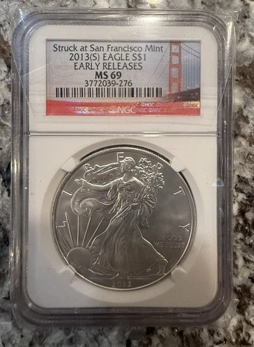 2013 (S) Silver Eagle NGC MS 69 Struck at San Francisco Mint Golden Gate Bridge