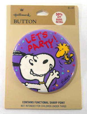 Vtg Hallmark Peanuts SNOOPY WOODSTOCK Let's Party Button Pin 3 Inch Diameter