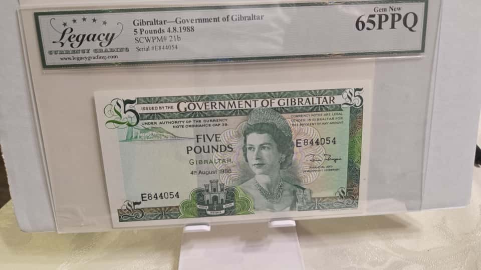 Gibraltar 5 Pounds 1988 PCGS 65 UNC  Q.Elizabeth II Fancy SN + Gift! G24R