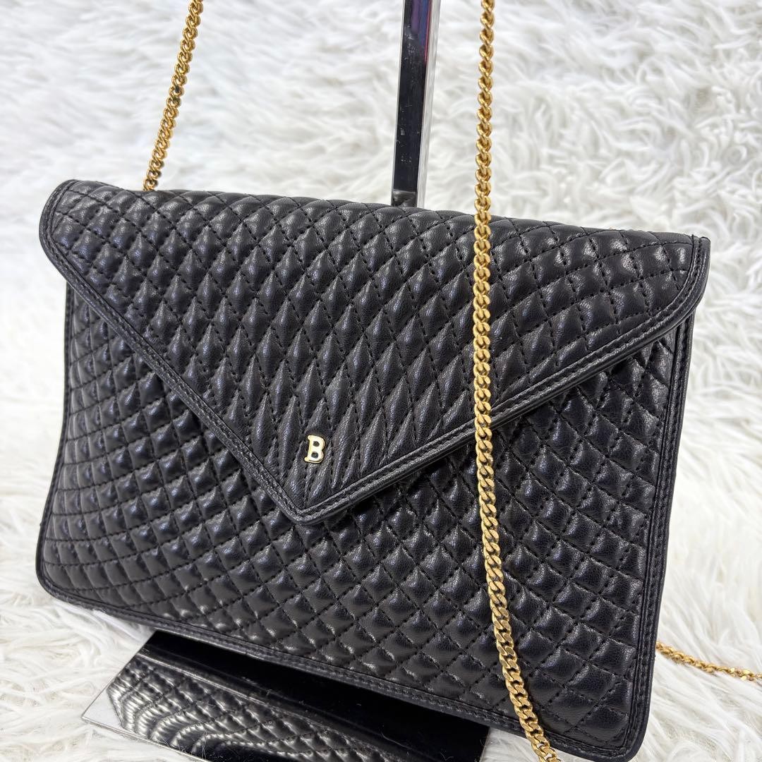BALLY Vintage Quilted Leather Envelope Chain Shoulder Bag Black Gold from japan