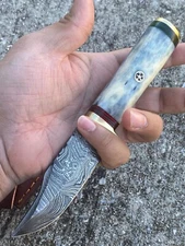 Custom Handmade Damascus Steel HUNTING Skinning Knife camel bone brass guard EDC