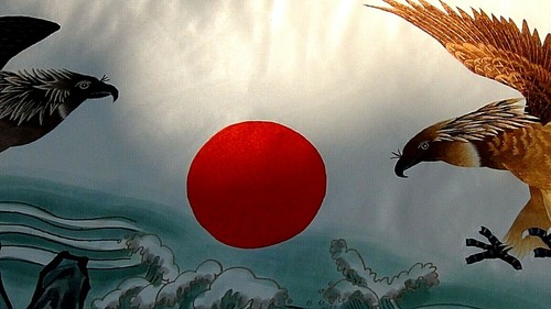 ANTIQUE 1920s JAPANESE SILK EMBROIDERY LARGE 74" x 36" PANEL OF 2 EAGLES & SUN - Picture 5 of 12