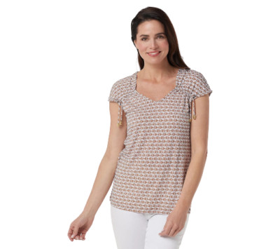 Susan Graver Printed Liquid Knit Cap-Sleeve Top Tie Detail Riverstone Pick Size