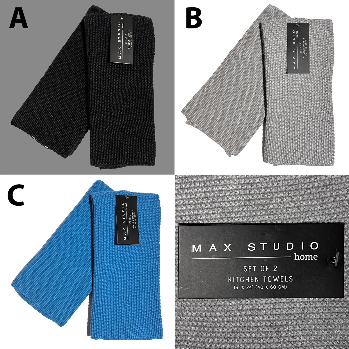 2-PK New MAX STUDIO Cotton KNITTED Soft Kitchen Towels Black, Gray, OR  White