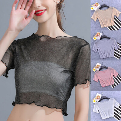 Damen Sexy Mesh Durchsichtige Spitzenoberteile Crop T-Shirt Lässige Blus с
