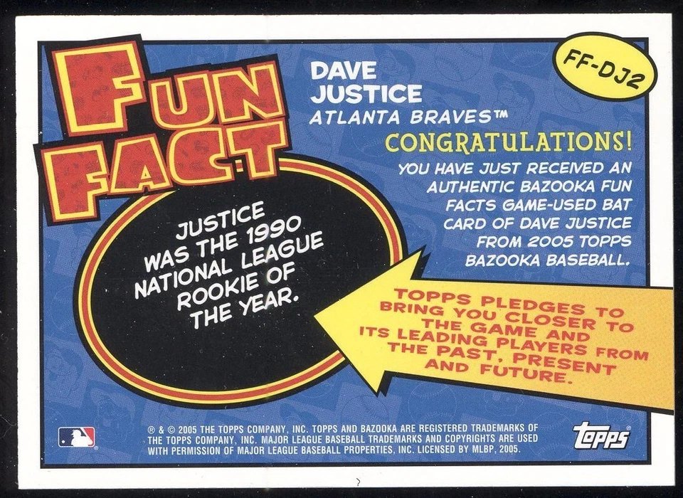 FF-DJ2 DAVE JUSTICE 2005 TOPPS Bazooka FUN FACT Bat BRAVES MLB BASEBALL - Image 2 of 2