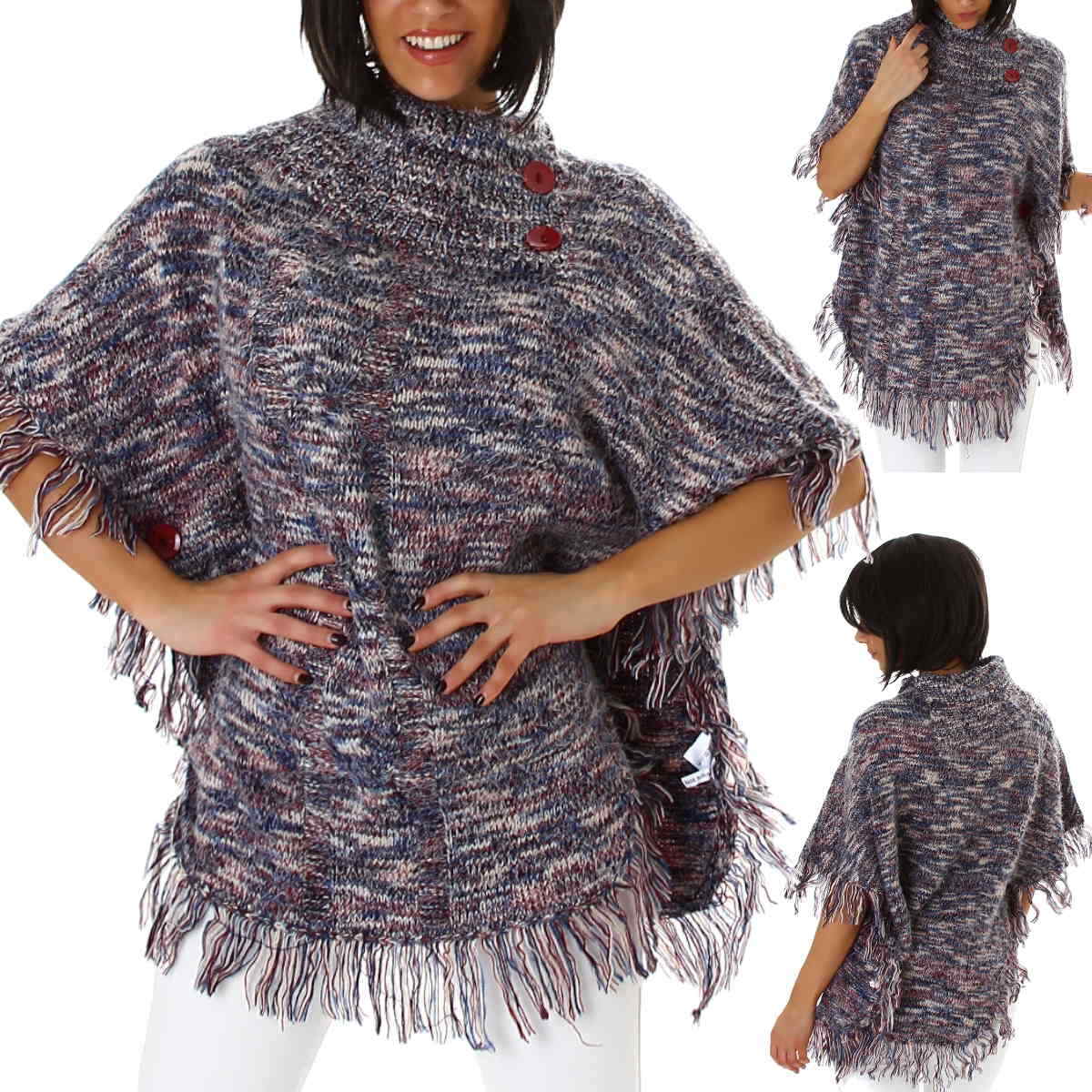 Poncho De Dama Suéter Cálido Suave Con Flecos Cuello Alto Botones 36 38 40