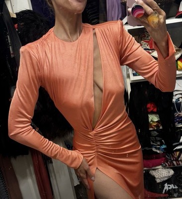 Aggi Krakow Poland Orange Jersey Cut Out 70s Studio 54 Runway Dress Halston XS