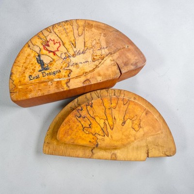 Vintage Lost Designs Schmuckschatulle aus gesalzenem Ahornholz kanadisch signiert blau gefüttert