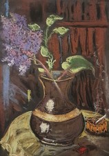 Original Lilacs Flowers Ashtray Bohemia Dry Pastel Painting Wall Art 8.3x11.4 in