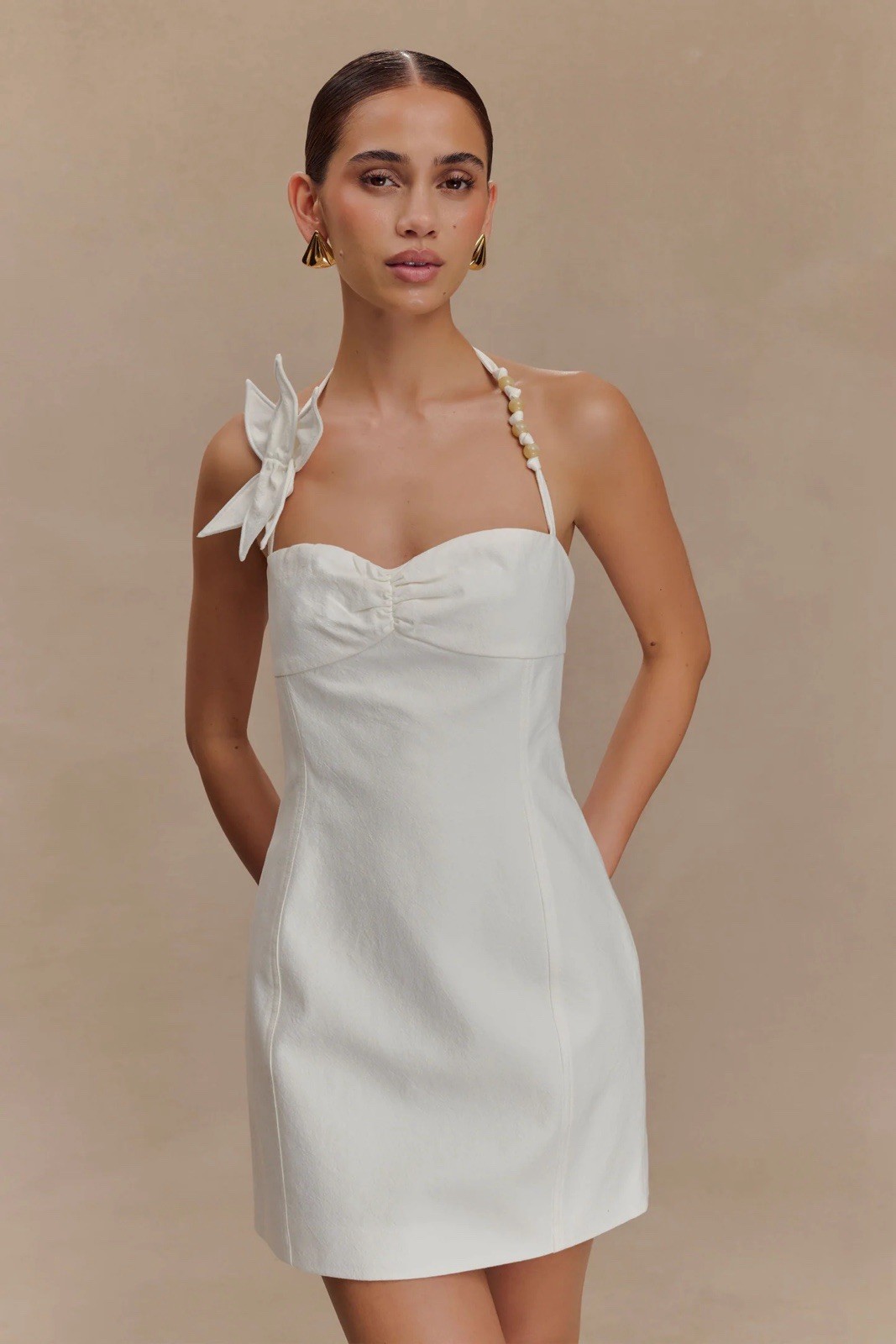 Meshki Reyes Floral Mini Dress XS White | Halter Bridal Cottagecore Wedding Chic