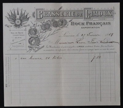 Rechnung 1889 Brasserie de LIMOUX Aude Eau de Selz Limonade Illustriertes Bier 122