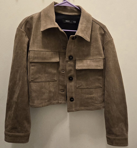 NEXT Brown Suede Button Front Short Jacket US 6 Long Sleeve Pockets