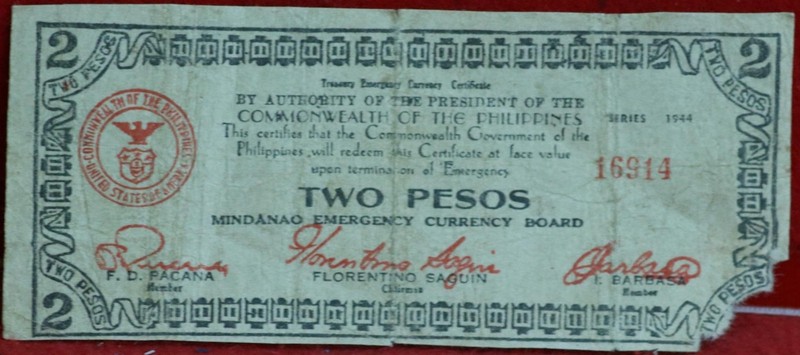 1944 Philippines 2 Pesos Emergency Circulated Note