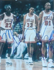 Michael Jordan, Dennis Rodman, Scotty Pippen Autographed 8 x 10 With COA