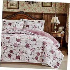 Floral Quilt Set 3 Pieces Queen 88"x88", 1 Quilt 2 Pillow Shams Purple Rose