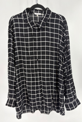 Calvin Klein Women's 2x Button Front Long Sleeve Black/White Casual Shirt