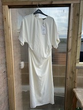New ZARA White Party Dress Size Large Slimming Rushed Gathered Front Detailing 