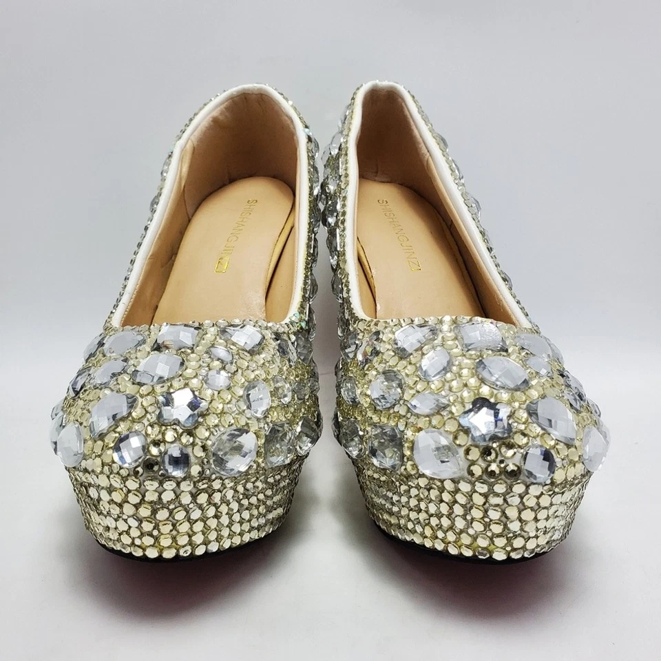 Zapatos de tacón de boda con cuentas de diamantes de imitación de cristal de Cenicienta talla 42 parte inferior roja Foto 3 de 4