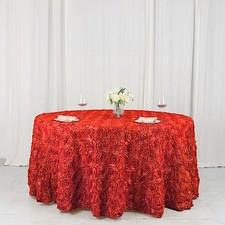 Red RIBBON ROSES 120" ROUND TABLECLOTH Fancy Wedding Party Catering Linens