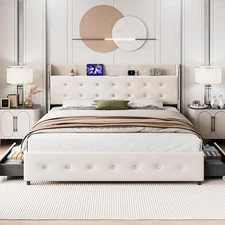 Full Size Bed Frame with Storage Headboard& Charging Station, Velvet Upholste...