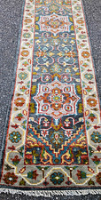 Oushak Handmade Hand-Knotted Wool Geometric Runner Rug 2.5x6 Blue/Ivory