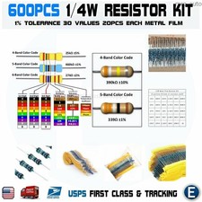 600pcs 30 Values 1/4W Metal Film Resistors Resistance Assortment Kit Set 1% USA