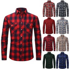Mens Flannel Shirts Plaid Check Tartan Button Collar Work Casual Long Sleeve Top
