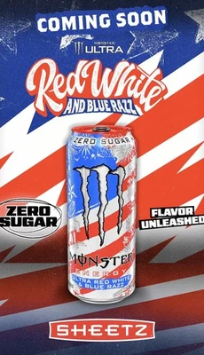 MONSTER ENERGY Monster Ultra RED WHITE &Blue razz Energy Drink, Zero Sugar, 16 Fl Oz PREORDER