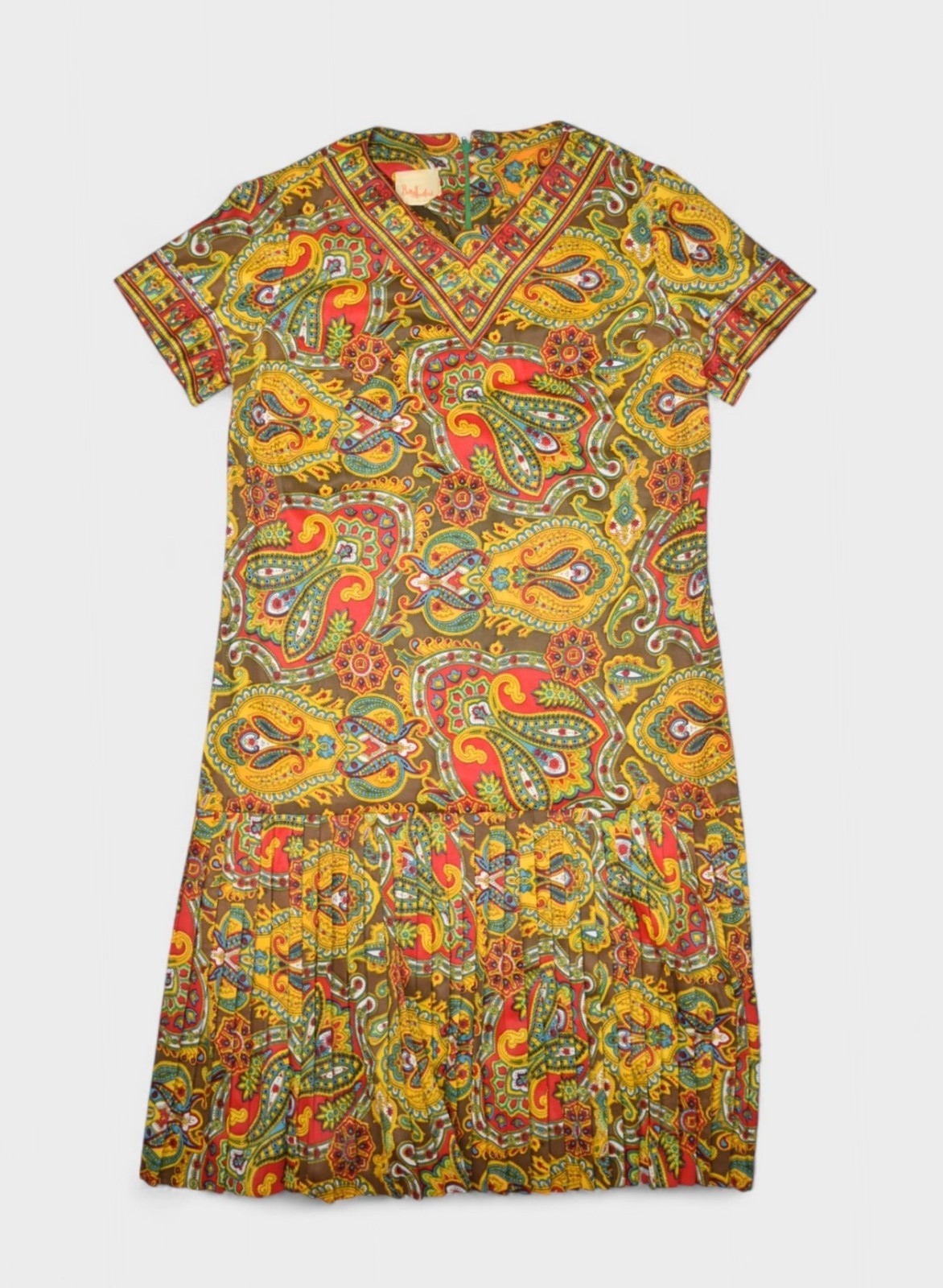 Vintage Betty Hartford Dress Womens Large Paisley Midi Pleated Short Sleeve Boho