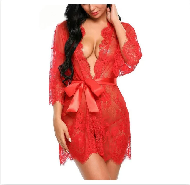 Women Sexy Gown Nightdress Lace Lingerie Sleepwear Ladies Wraps Dress Robe  - Image 4 of 4