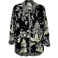 Enchanted Evening John Mark 1X Black Tunic Blouse Asian Garden Button Up