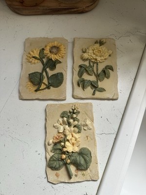 Vintage 3D Harz Botanische Blumen Wandtafeln 3er Set Sonnenblume Rose Stechpalme