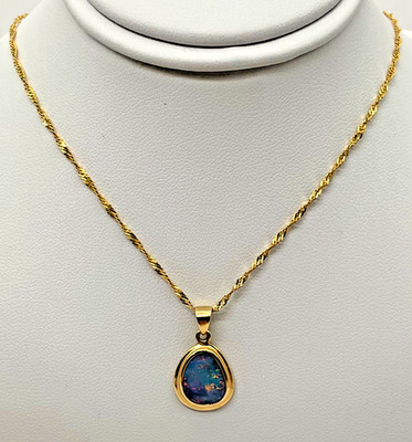 14K Yellow Gold Boulder Opal Doublet Pendant w/ 18  Diamond Cut Singapore Chain