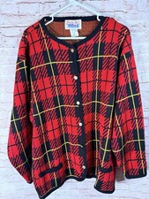 Vintage Tally Ho Plaid Cardigan Sweater Knit Pockets Red Black Gold 3X