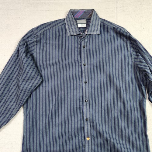 Thomas Dean Shirt Mens Large Gray Striped Button Up Long Sleeve Flip Cuff - Picture 2 of 15