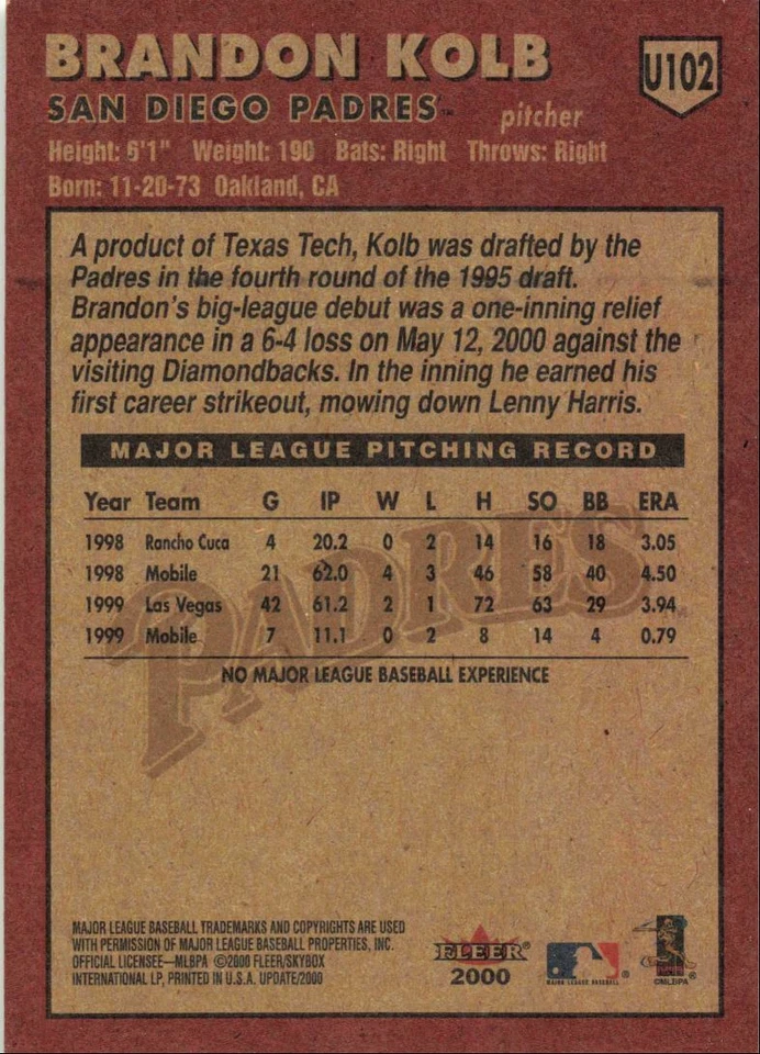 2000 Fleer Tradition Update Rookie Brandon Kolb San Diego Padres #U102 - Image 2 of 2