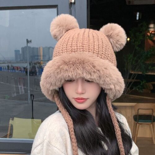 Inverno peluche orso orecchie cappello caldo secchio a maglia berretto donna - Foto 1 di 16