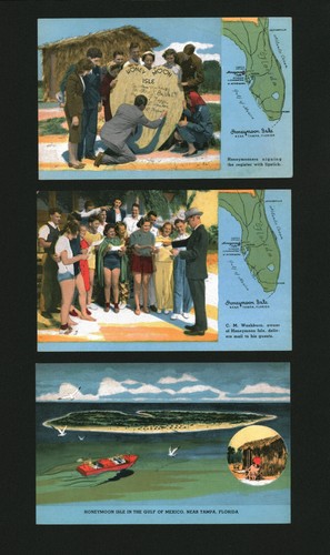 Isla Luna de Miel - Tampa Florida Finales 1940 Kitsch - Juego de 3 postales sin publicar