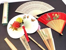 Lot 6 Vintage Oriental Hand Fans 1 with box w/ glass lid. 1 w/ metal handle A6