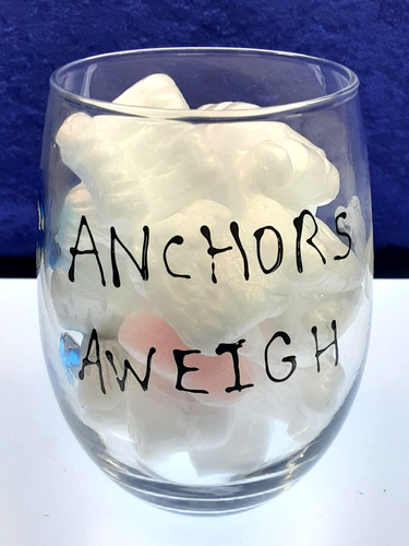 "USN / Anchors Aweigh" handpainted on Stemless Wine Glass - NEW - Picture 2 of 4